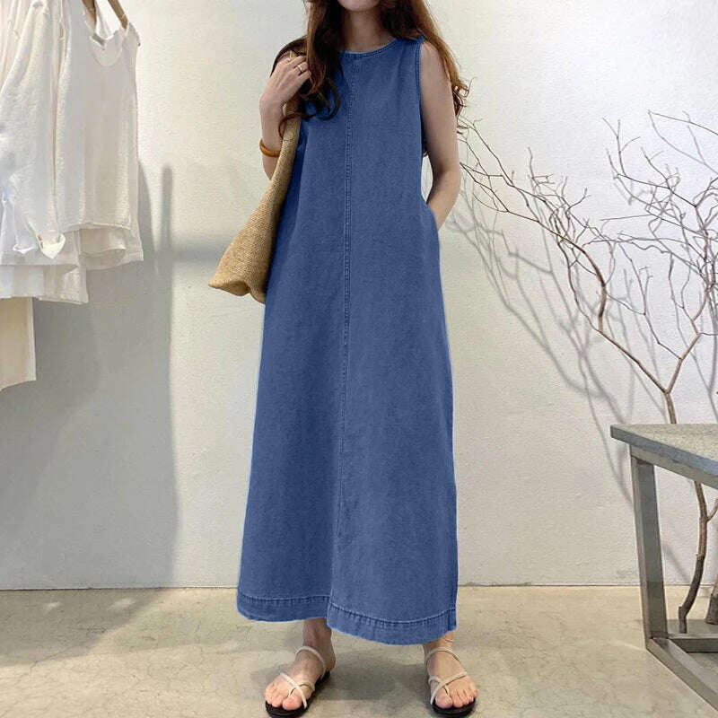 KIMLUD, 2024 VONDA Elegant Women Denim Pleated Long Sundress Fashion Casual Loose Sleeveless Robe Summer A-Line Maxi Vestido Oversized, KIMLUD Womens Clothes