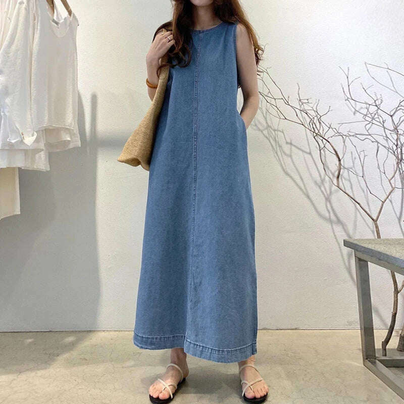 KIMLUD, 2024 VONDA Elegant Women Denim Pleated Long Sundress Fashion Casual Loose Sleeveless Robe Summer A-Line Maxi Vestido Oversized, Blue / XXXL, KIMLUD Womens Clothes
