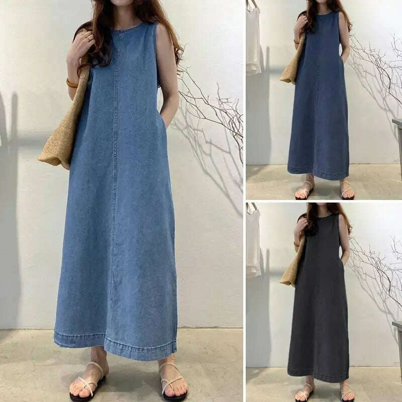 KIMLUD, 2024 VONDA Elegant Women Denim Pleated Long Sundress Fashion Casual Loose Sleeveless Robe Summer A-Line Maxi Vestido Oversized, KIMLUD Womens Clothes