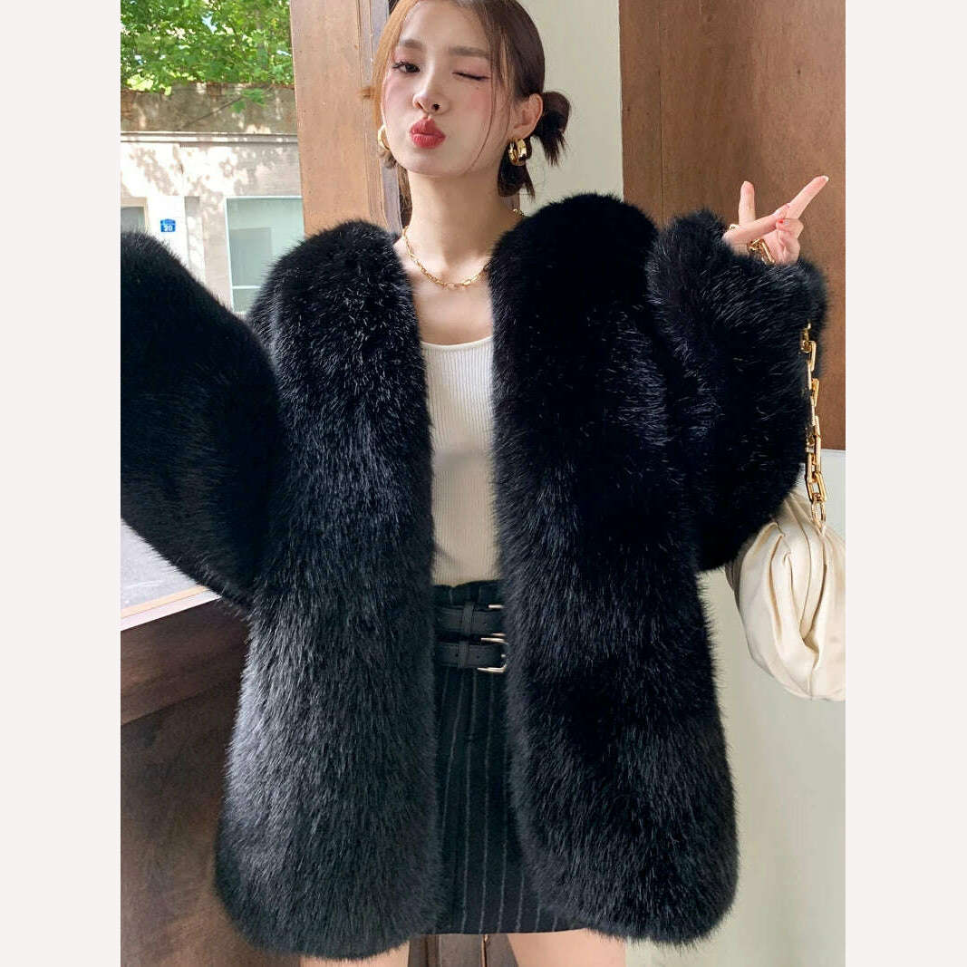 KIMLUD, 2024 winter fashion new fox fur grass coat women's medium long whole fur coat classic black fur coat fur, And Super Thick / Custom, KIMLUD Womens Clothes