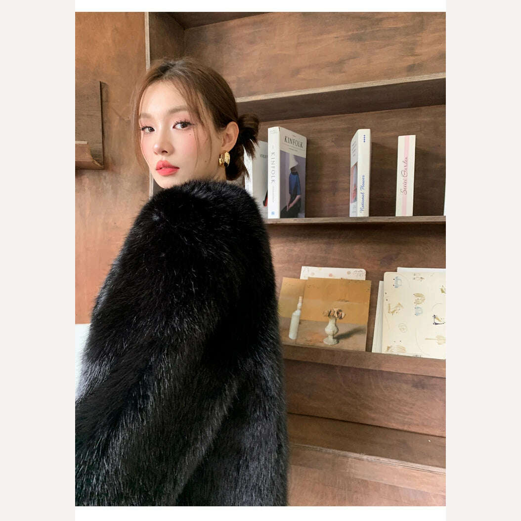 KIMLUD, 2024 winter fashion new fox fur grass coat women's medium long whole fur coat classic black fur coat fur, KIMLUD Womens Clothes