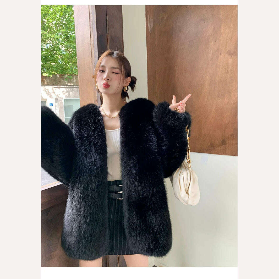 KIMLUD, 2024 winter fashion new fox fur grass coat women's medium long whole fur coat classic black fur coat fur, KIMLUD Womens Clothes