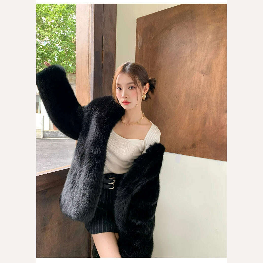 KIMLUD, 2024 winter fashion new fox fur grass coat women's medium long whole fur coat classic black fur coat fur, KIMLUD Womens Clothes