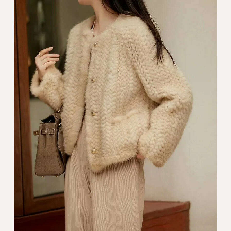 KIMLUD, 2024 Winter New Arrival Women Knitted Genuine Mink Fur Coat, beige yellow / S, KIMLUD Womens Clothes