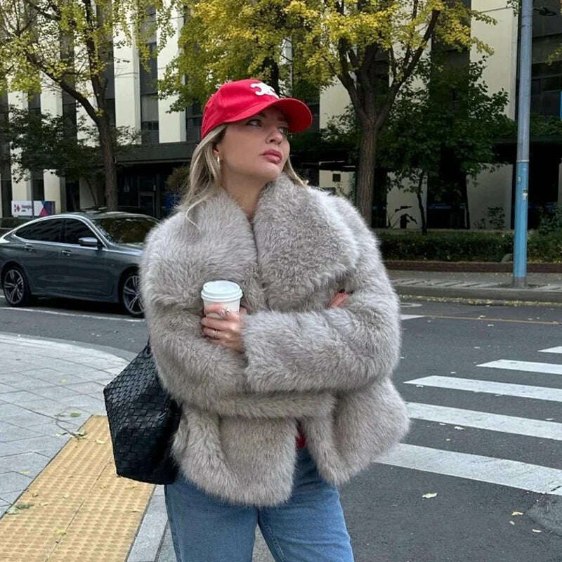 KIMLUD, 2024 Winter New Fashion Gradient Fluffy Fur Coat Women High Street Luxury Big Fur Collar Faux Fox Fur Jacket Female Overcoats, KIMLUD Womens Clothes