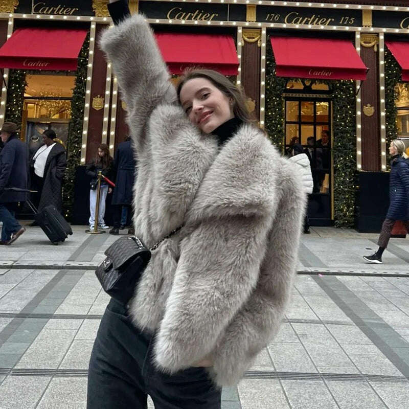 KIMLUD, 2024 Winter New Fashion Gradient Fluffy Fur Coat Women High Street Luxury Big Fur Collar Faux Fox Fur Jacket Female Overcoats, KIMLUD Womens Clothes