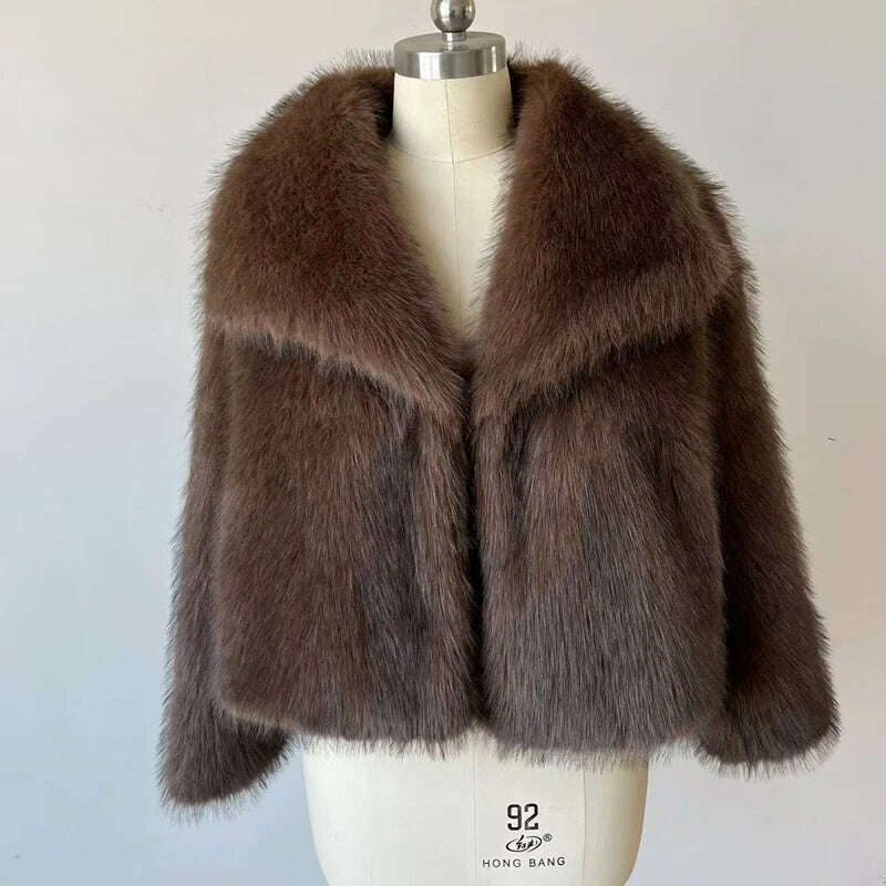 KIMLUD, 2024 Winter New Fashion Gradient Fluffy Fur Coat Women High Street Luxury Big Fur Collar Faux Fox Fur Jacket Female Overcoats, 1157 Coffee / M, KIMLUD APPAREL - Womens Clothes