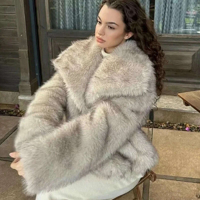 KIMLUD, 2024 Winter New Fashion Gradient Fluffy Fur Coat Women High Street Luxury Big Fur Collar Faux Fox Fur Jacket Female Overcoats, Rice Grey Coffee Tip / M, KIMLUD APPAREL - Womens Clothes