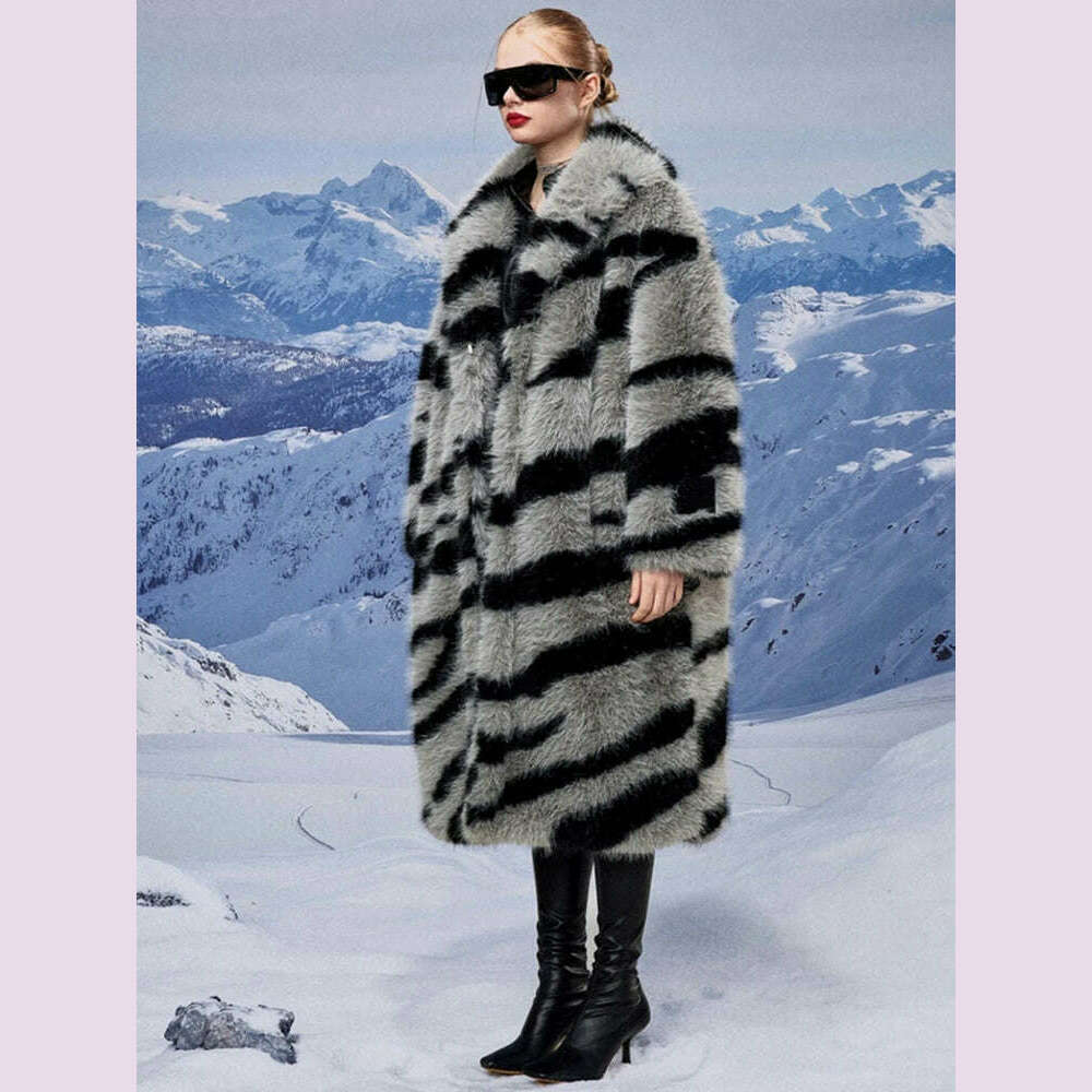 KIMLUD, 2024 Winter Vintage Thick Warm Long Faux Fur Coat Women Zebra-stripe Printed Fluffy Jacket Fur Coat Large Size Luxury Overcoat, KIMLUD Womens Clothes
