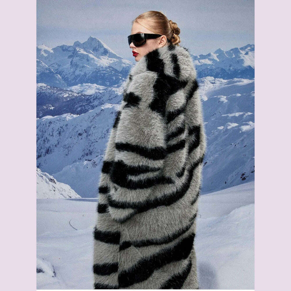 KIMLUD, 2024 Winter Vintage Thick Warm Long Faux Fur Coat Women Zebra-stripe Printed Fluffy Jacket Fur Coat Large Size Luxury Overcoat, KIMLUD Womens Clothes