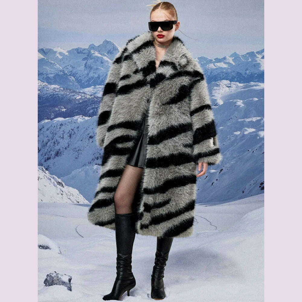 KIMLUD, 2024 Winter Vintage Thick Warm Long Faux Fur Coat Women Zebra-stripe Printed Fluffy Jacket Fur Coat Large Size Luxury Overcoat, KIMLUD Womens Clothes
