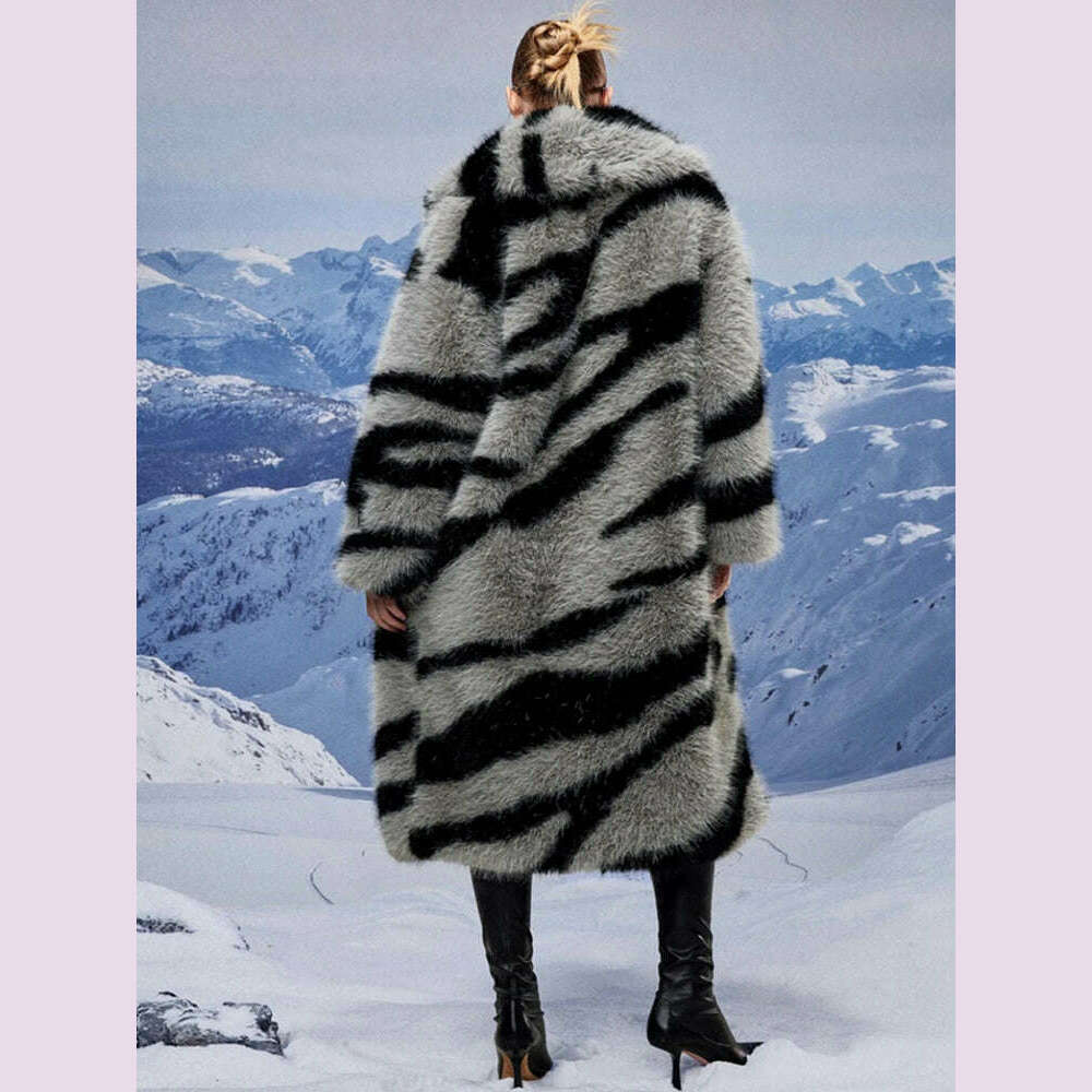 KIMLUD, 2024 Winter Vintage Thick Warm Long Faux Fur Coat Women Zebra-stripe Printed Fluffy Jacket Fur Coat Large Size Luxury Overcoat, KIMLUD Womens Clothes