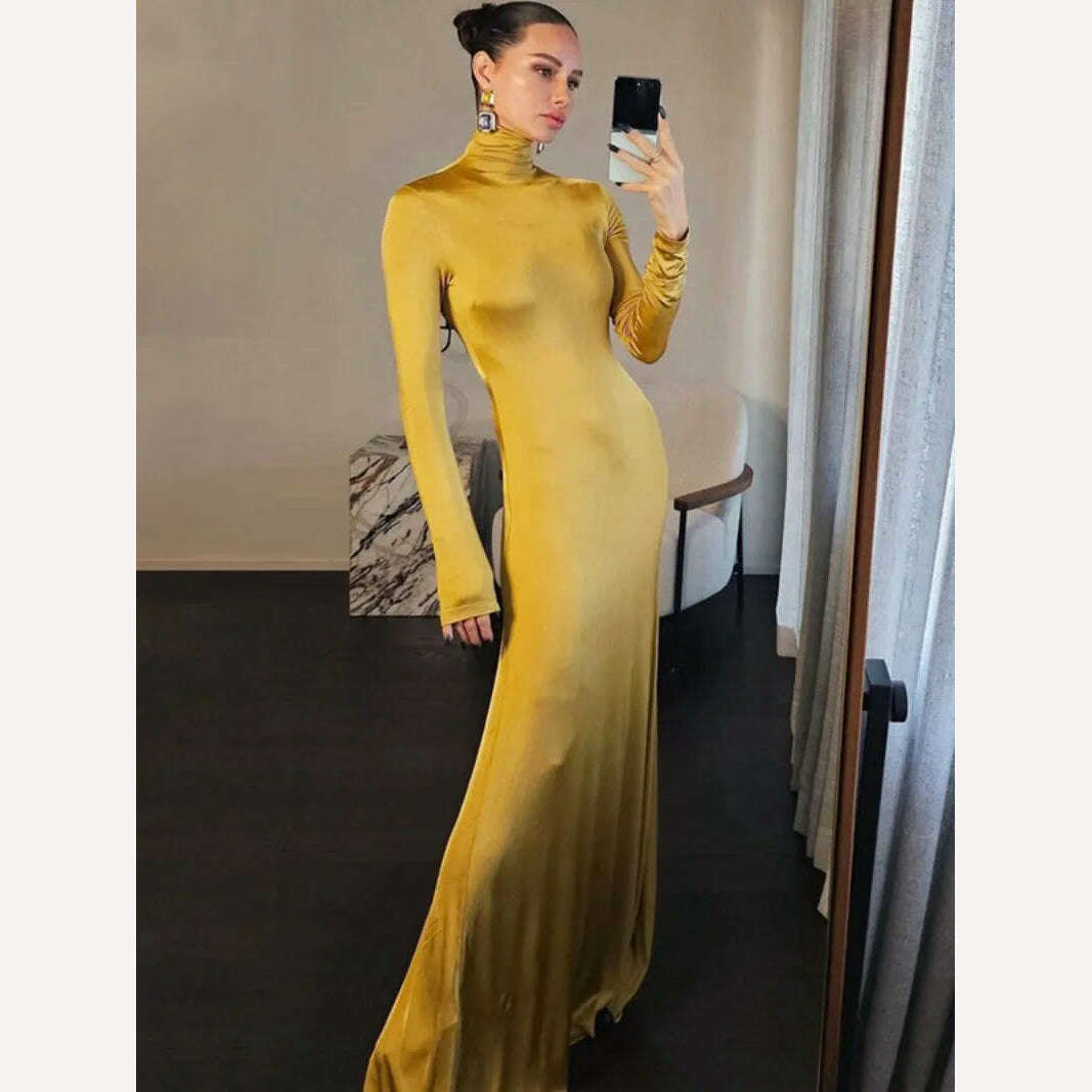 KIMLUD, 2024 Woman Clothing Turtleneck Zip-up Gold Long Maxi Dress Elegant Fashion Office Lady High Waist Slim Fit Party Evening Dresses, KIMLUD Womens Clothes