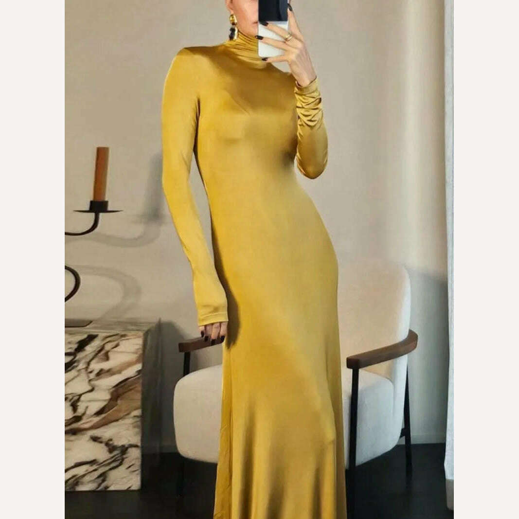 KIMLUD, 2024 Woman Clothing Turtleneck Zip-up Gold Long Maxi Dress Elegant Fashion Office Lady High Waist Slim Fit Party Evening Dresses, KIMLUD Women's Clothes