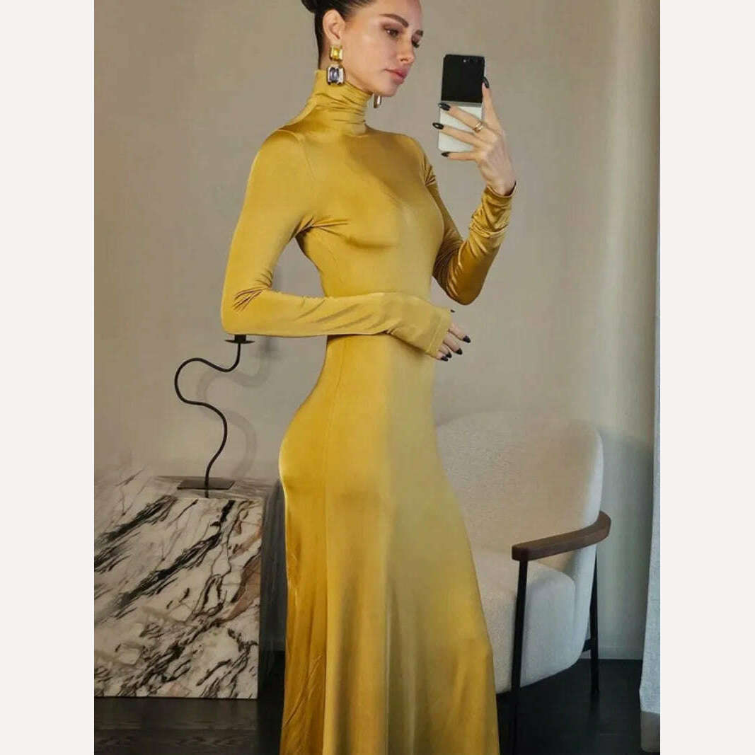 KIMLUD, 2024 Woman Clothing Turtleneck Zip-up Gold Long Maxi Dress Elegant Fashion Office Lady High Waist Slim Fit Party Evening Dresses, KIMLUD Women's Clothes