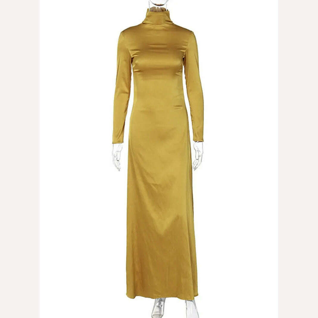 KIMLUD, 2024 Woman Clothing Turtleneck Zip-up Gold Long Maxi Dress Elegant Fashion Office Lady High Waist Slim Fit Party Evening Dresses, Gold / S, KIMLUD Women's Clothes