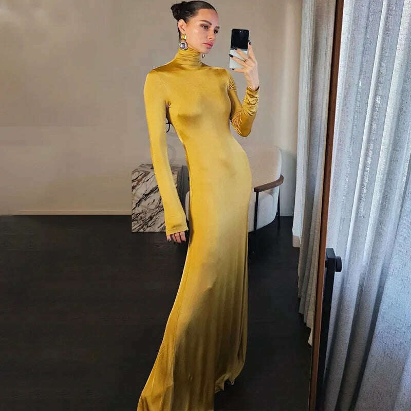 KIMLUD, 2024 Woman Clothing Turtleneck Zip-up Gold Long Maxi Dress Elegant Fashion Office Lady High Waist Slim Fit Party Evening Dresses, KIMLUD Women's Clothes