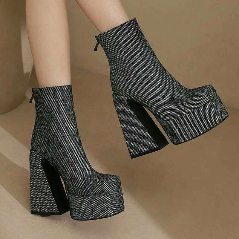 KIMLUD, 2024 Women Ankle Boots Platform Thick High Heel Ladies Short Boots Microfiber High Quality Zipper Dress Women's Shoes Plus Size, KIMLUD Womens Clothes