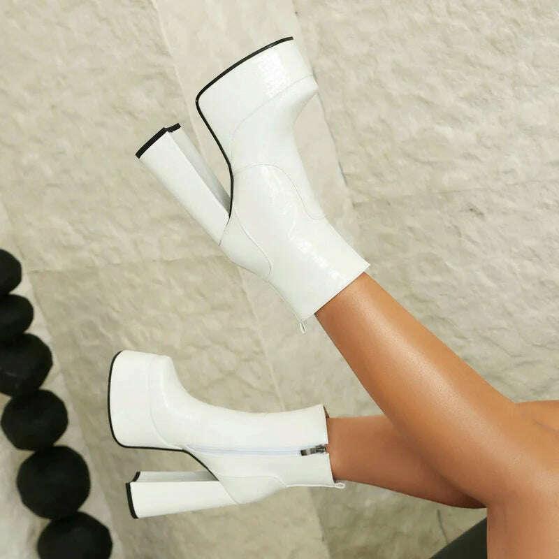 KIMLUD, 2024 Women Ankle Boots Platform Thick High Heel Ladies Short Boots PU Leather Square Toe Side Zipper Dress Women's Boots Big Siz, KIMLUD Womens Clothes