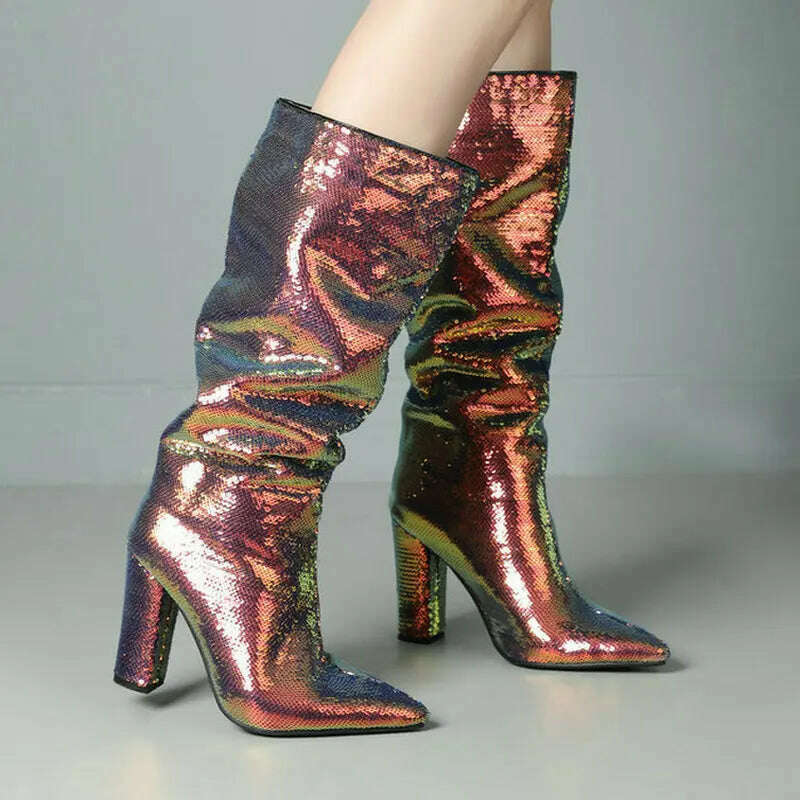 2024 Women Knee High Boots Fashion Pointed Toe Square High Heel Ladies Calf Boots Bling PU Leather Slip on Dress Women's Boots - KIMLUD