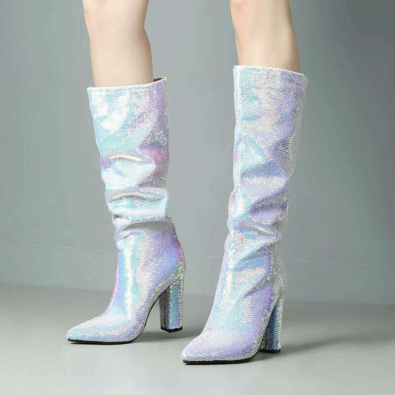2024 Women Knee High Boots Fashion Pointed Toe Square High Heel Ladies Calf Boots Bling PU Leather Slip on Dress Women's Boots - KIMLUD