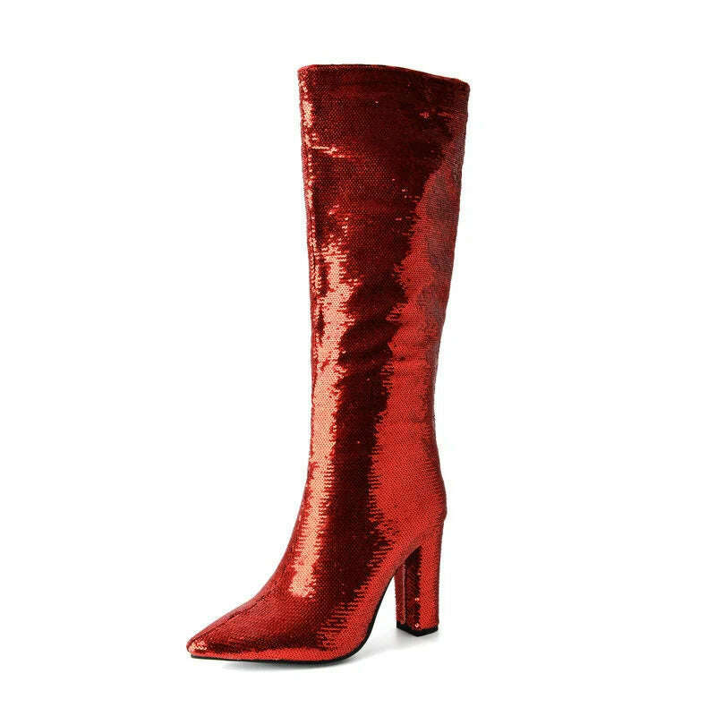 2024 Women Knee High Boots Fashion Pointed Toe Square High Heel Ladies Calf Boots Bling PU Leather Slip on Dress Women's Boots - KIMLUD