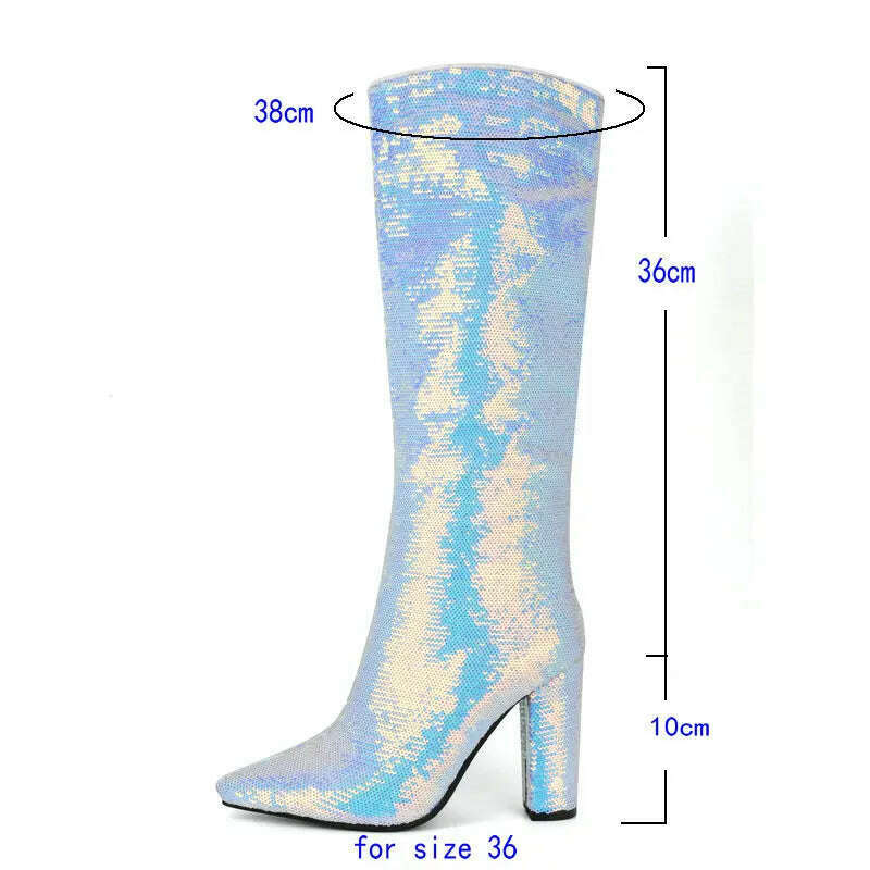 2024 Women Knee High Boots Fashion Pointed Toe Square High Heel Ladies Calf Boots Bling PU Leather Slip on Dress Women's Boots - KIMLUD