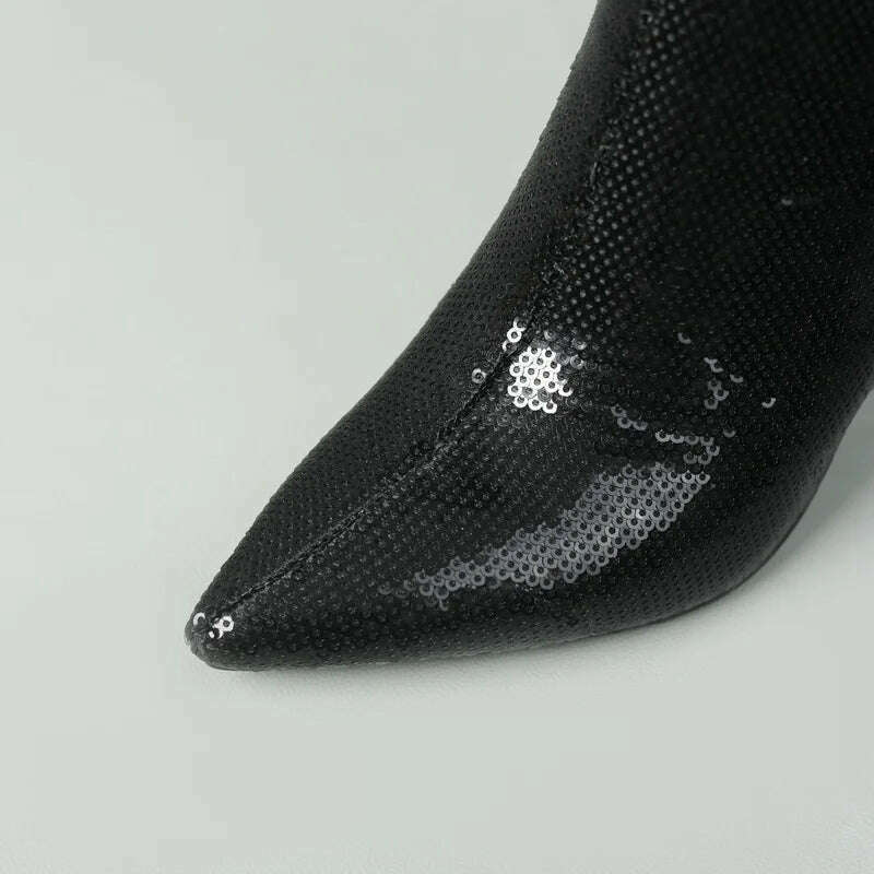 2024 Women Knee High Boots Fashion Pointed Toe Square High Heel Ladies Calf Boots Bling PU Leather Slip on Dress Women's Boots - KIMLUD