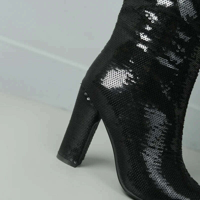 2024 Women Knee High Boots Fashion Pointed Toe Square High Heel Ladies Calf Boots Bling PU Leather Slip on Dress Women's Boots - KIMLUD