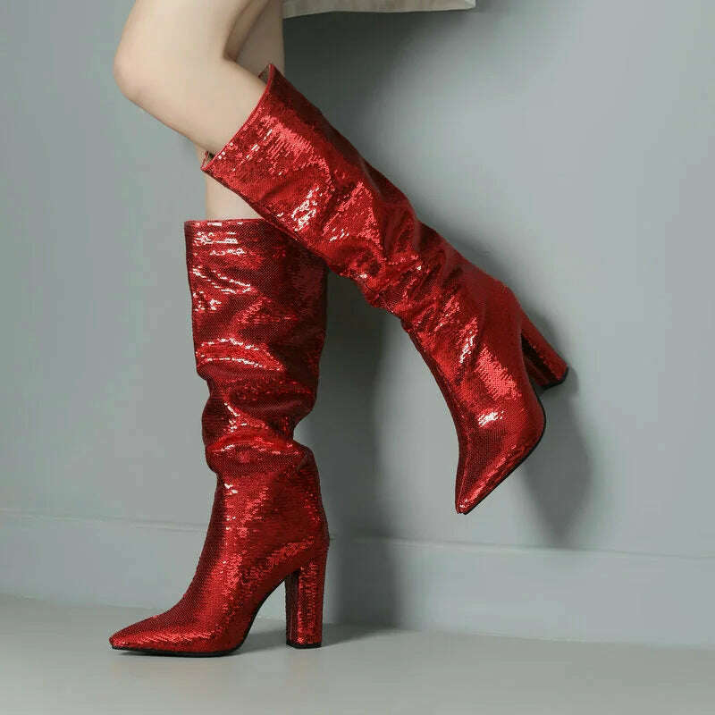 2024 Women Knee High Boots Fashion Pointed Toe Square High Heel Ladies Calf Boots Bling PU Leather Slip on Dress Women's Boots - KIMLUD