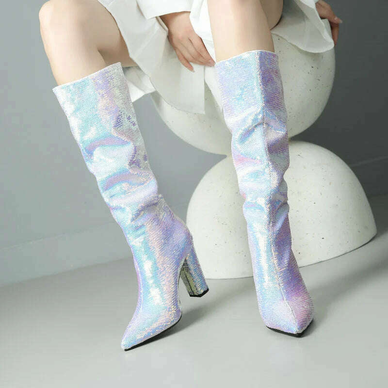 2024 Women Knee High Boots Fashion Pointed Toe Square High Heel Ladies Calf Boots Bling PU Leather Slip on Dress Women's Boots - KIMLUD