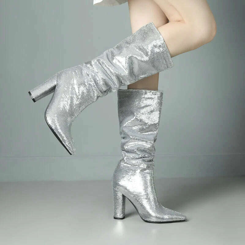 2024 Women Knee High Boots Fashion Pointed Toe Square High Heel Ladies Calf Boots Bling PU Leather Slip on Dress Women's Boots - KIMLUD
