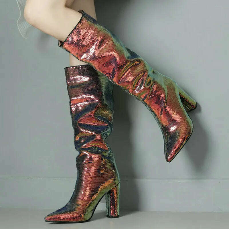 2024 Women Knee High Boots Fashion Pointed Toe Square High Heel Ladies Calf Boots Bling PU Leather Slip on Dress Women's Boots - KIMLUD