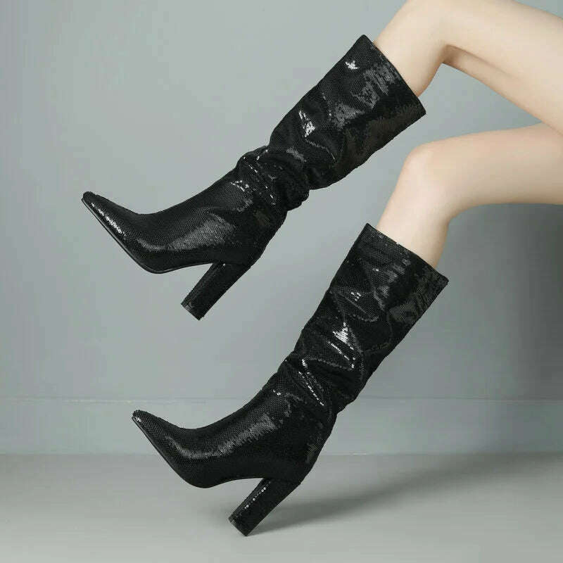 2024 Women Knee High Boots Fashion Pointed Toe Square High Heel Ladies Calf Boots Bling PU Leather Slip on Dress Women's Boots - KIMLUD