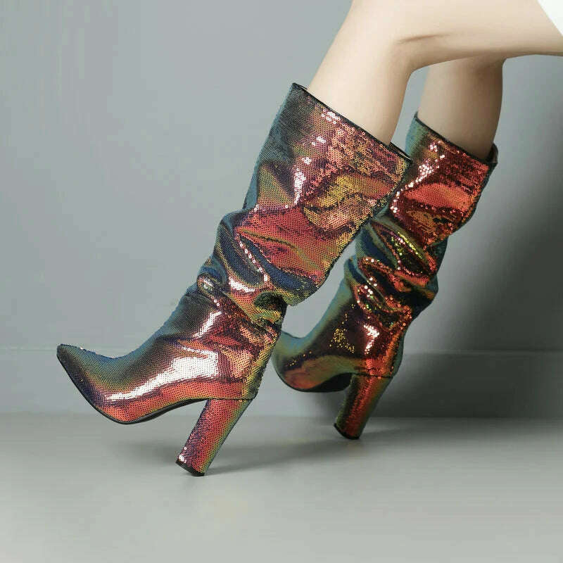 2024 Women Knee High Boots Fashion Pointed Toe Square High Heel Ladies Calf Boots Bling PU Leather Slip on Dress Women's Boots - KIMLUD