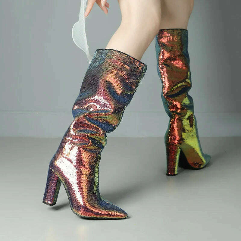 2024 Women Knee High Boots Fashion Pointed Toe Square High Heel Ladies Calf Boots Bling PU Leather Slip on Dress Women's Boots - KIMLUD