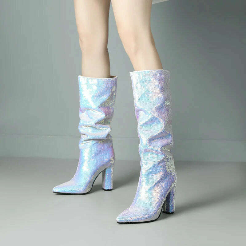 2024 Women Knee High Boots Fashion Pointed Toe Square High Heel Ladies Calf Boots Bling PU Leather Slip on Dress Women's Boots - KIMLUD