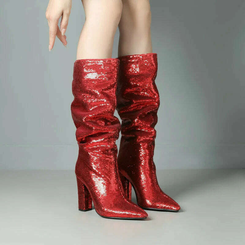 2024 Women Knee High Boots Fashion Pointed Toe Square High Heel Ladies Calf Boots Bling PU Leather Slip on Dress Women's Boots - KIMLUD