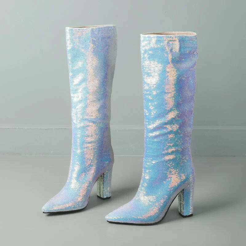 2024 Women Knee High Boots Fashion Pointed Toe Square High Heel Ladies Calf Boots Bling PU Leather Slip on Dress Women's Boots - KIMLUD