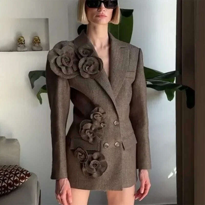 KIMLUD, 2025 Spring New Elegant Commuting Style Handmade Embroidered Flower Decoration Spliced Double Row Button Women's Suit Jacket, KIMLUD Womens Clothes