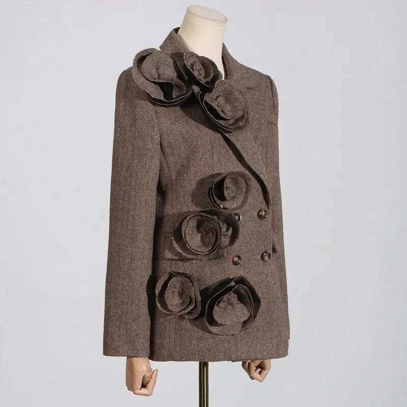 KIMLUD, 2025 Spring New Elegant Commuting Style Handmade Embroidered Flower Decoration Spliced Double Row Button Women's Suit Jacket, KIMLUD Womens Clothes