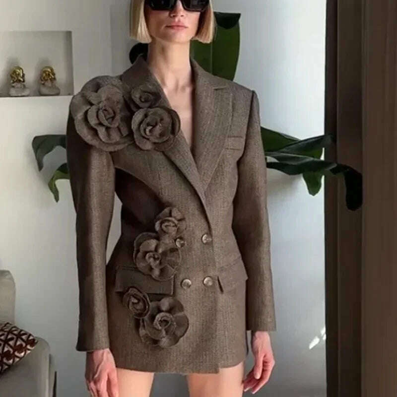 KIMLUD, 2025 Spring New Elegant Commuting Style Handmade Embroidered Flower Decoration Spliced Double Row Button Women's Suit Jacket, KIMLUD Womens Clothes
