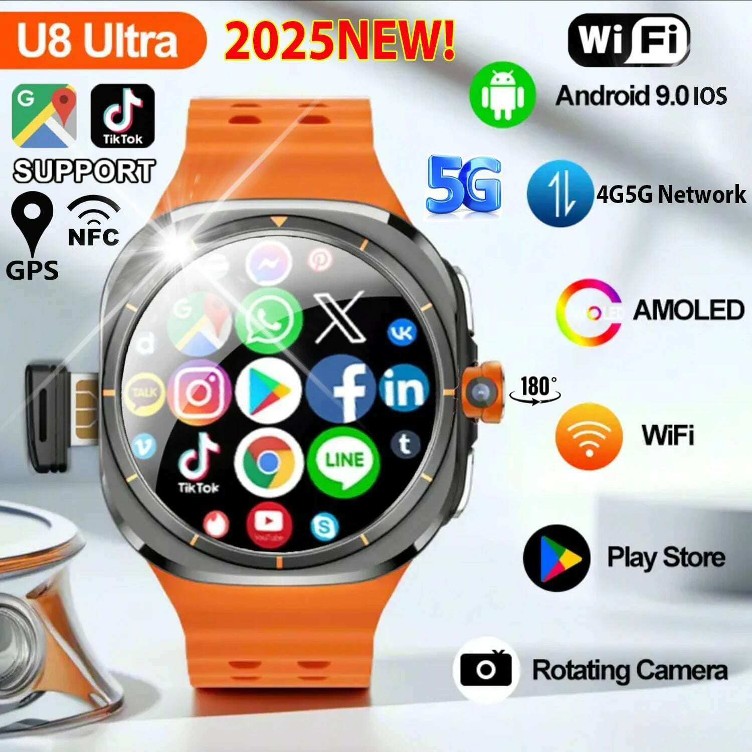 KIMLUD, 2025New U8 Ultra AMOLED Android 9.0 Smart Watch Men Women Galaxy Watch 7 Ultra 4G 5G SIM Card WiFi GPS NFC Camera Sport Watches, KIMLUD Womens Clothes