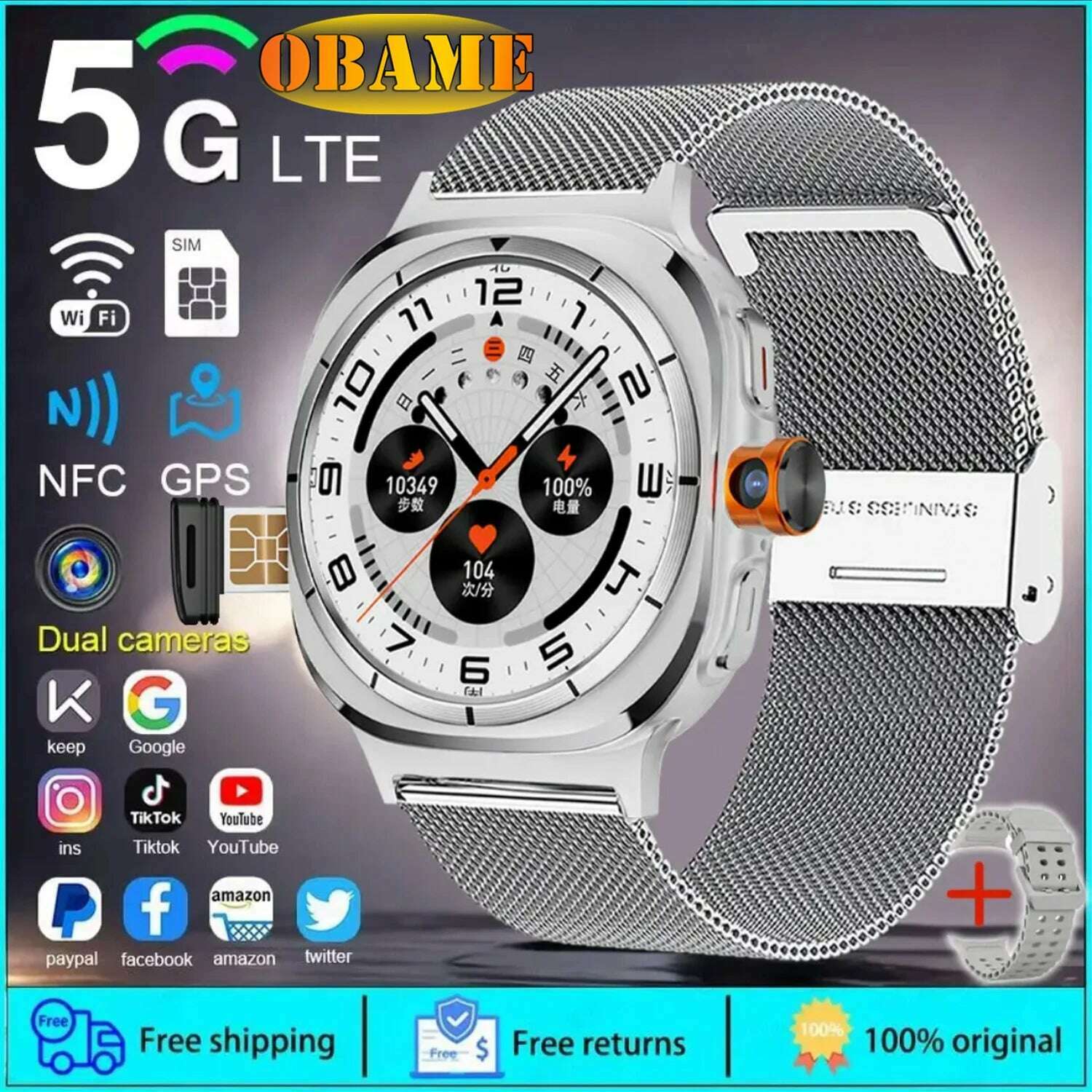 KIMLUD, 2025New U8 Ultra AMOLED Android 9.0 Smart Watch Men Women Galaxy Watch 7 Ultra 4G 5G SIM Card WiFi GPS NFC Camera Sport Watches, Silver mesh belt / 1500mAh, KIMLUD APPAREL - Womens Clothes
