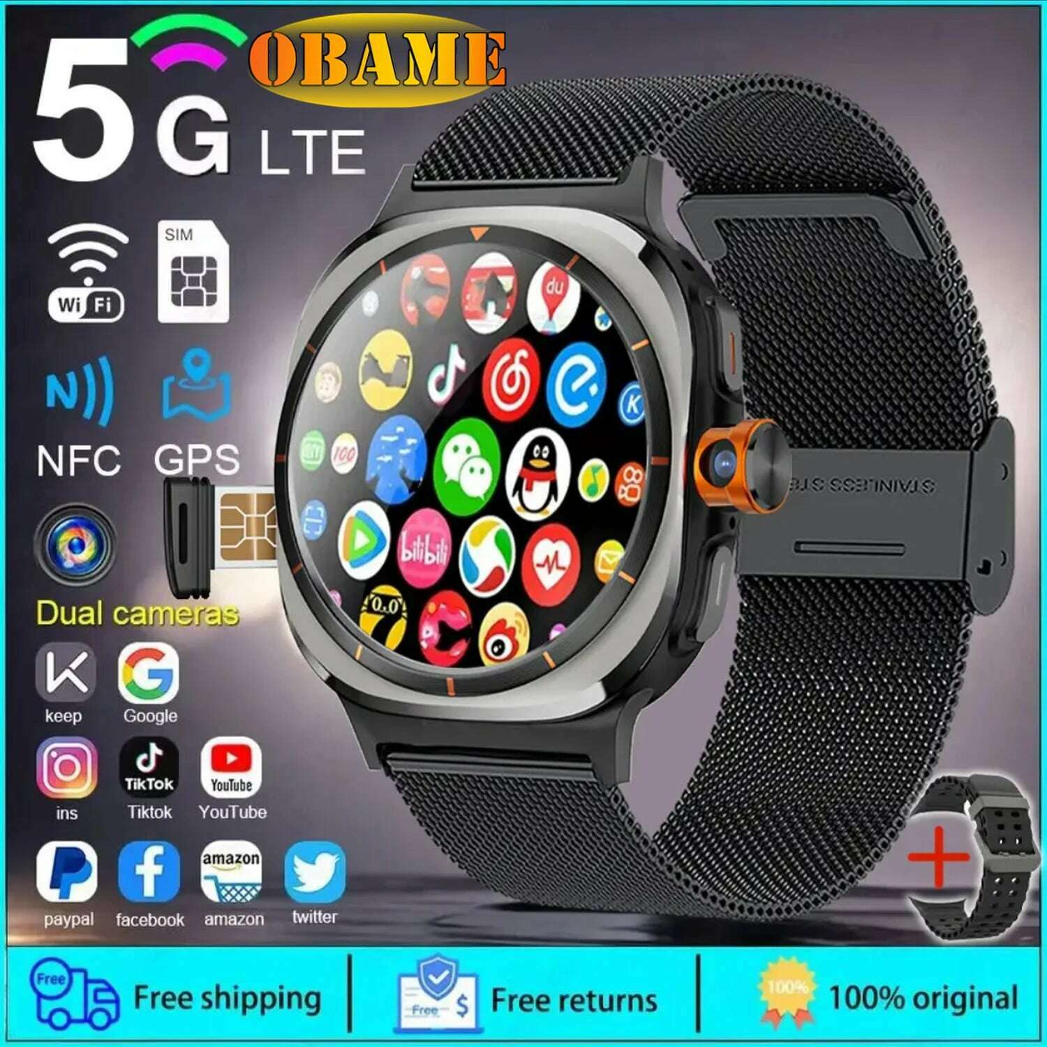 KIMLUD, 2025New U8 Ultra AMOLED Android 9.0 Smart Watch Men Women Galaxy Watch 7 Ultra 4G 5G SIM Card WiFi GPS NFC Camera Sport Watches, Black mesh belt / 1500mAh, KIMLUD APPAREL - Womens Clothes