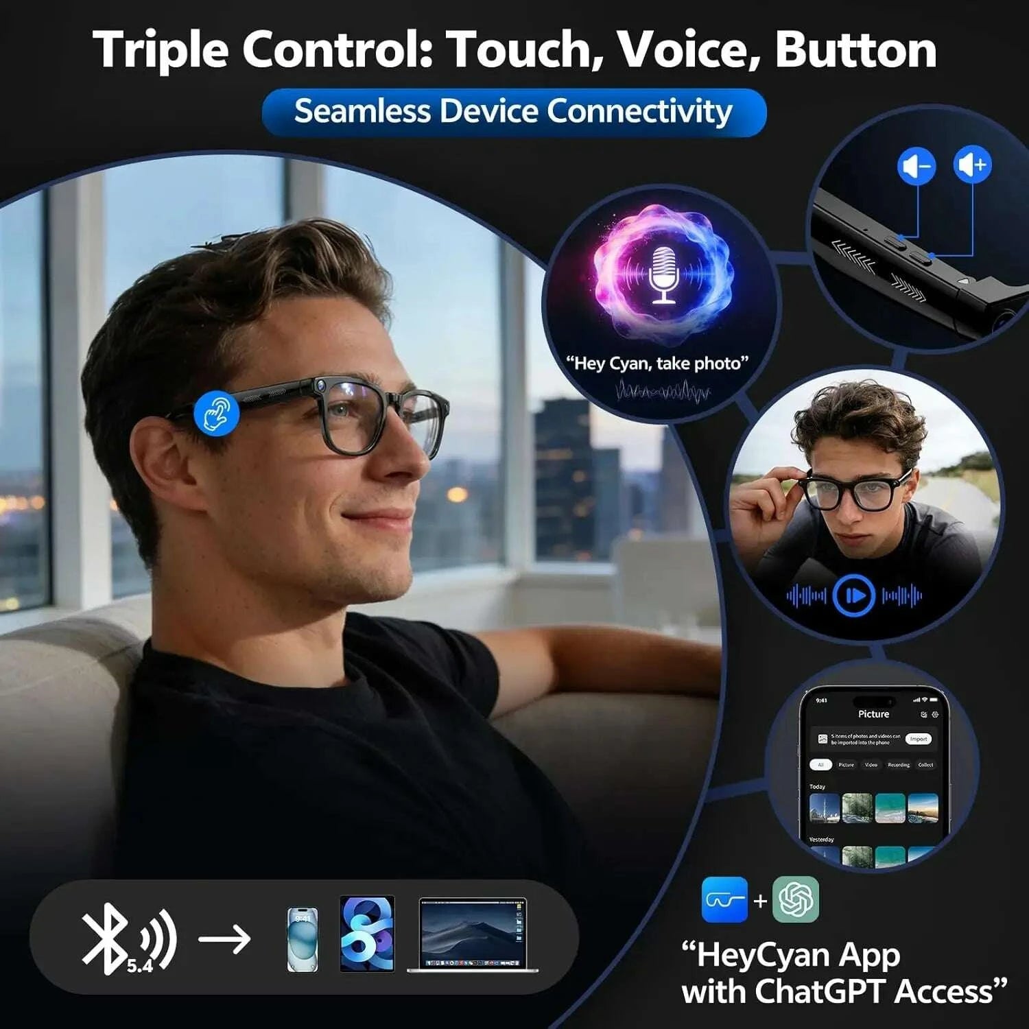2026 AI Smart Glasses ChatGPT 800W HD Camera 4K Video Recorder 100+Translation Bluetooth Call Smart Eyeglasses For Travel Work