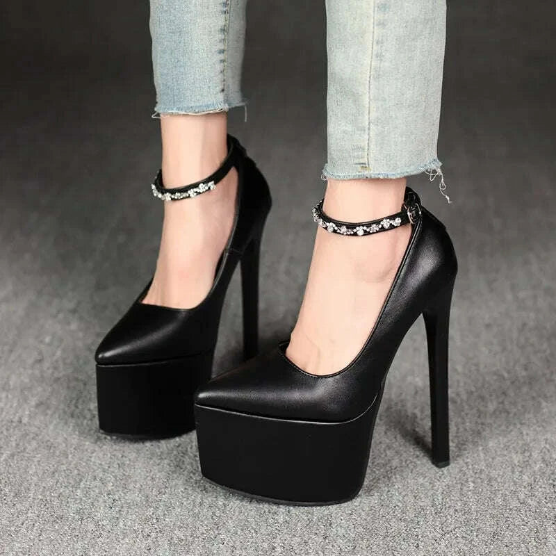 2026Stylish Rhinestone Straight Heel Single Shoes Stylish Pointed Toe Shallow Mouth Platform Heels