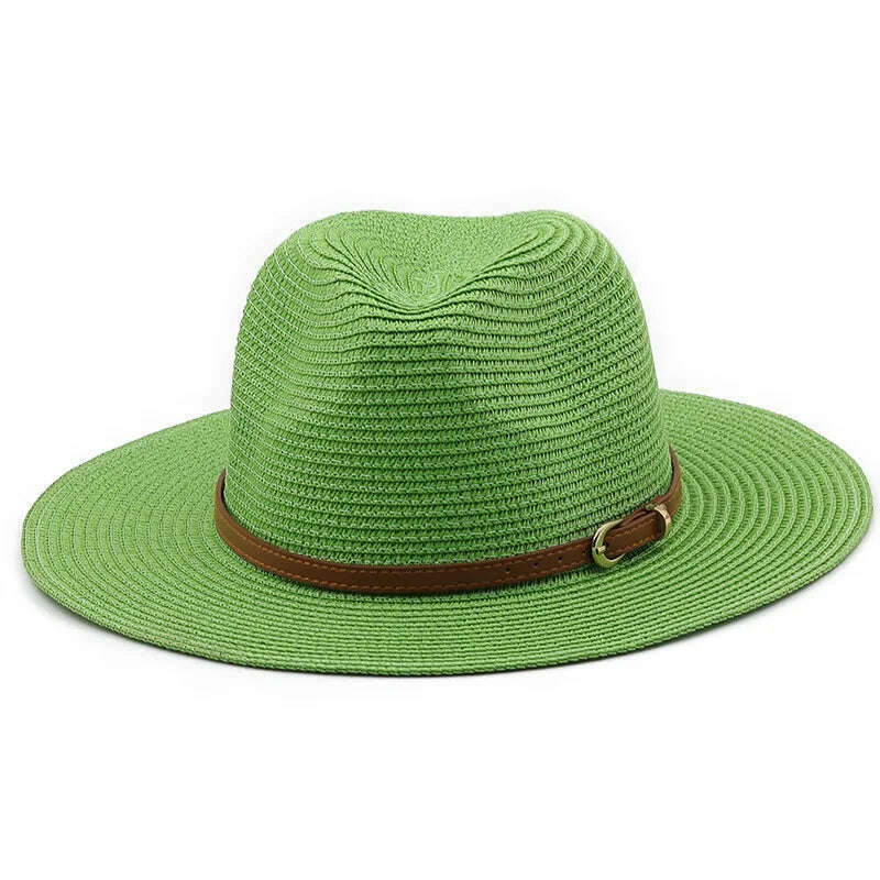 KIMLUD, 21 Colors Solid Color Straw Hat with Brown Belt Wide Brim Sun Protection Unisex Beach Hat Women Summer Outdoor Jazz Panama Cap, KIMLUD Womens Clothes