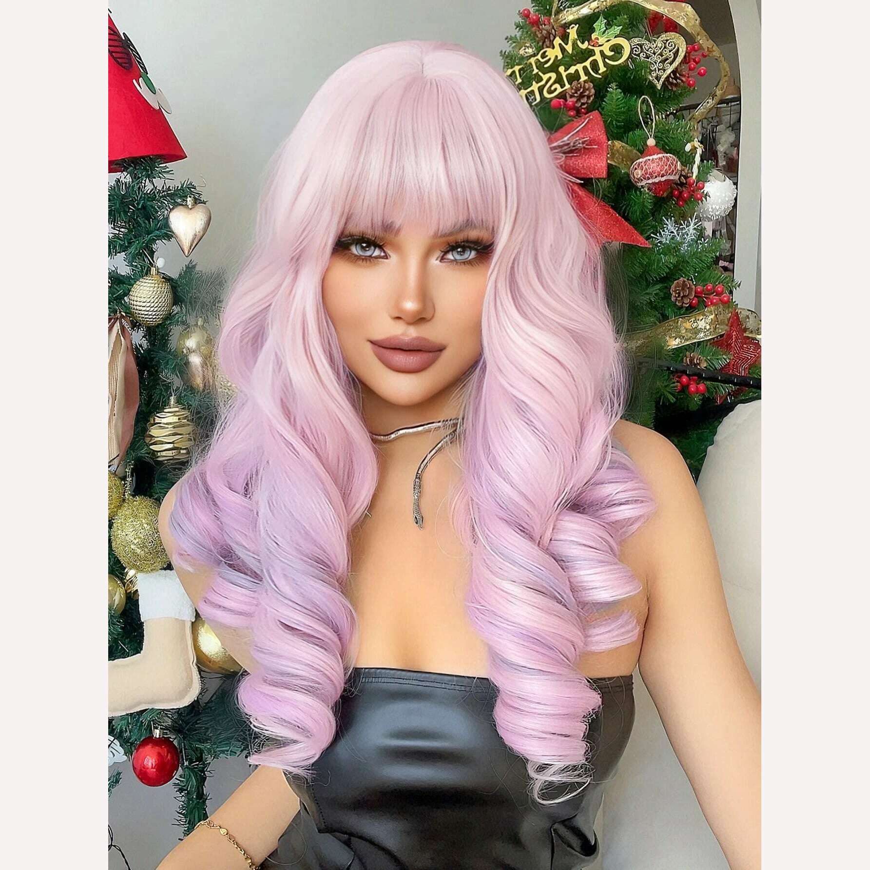 KIMLUD, 22Inch Cherry Blossom Pink Color Synthetic Wigs With Bang Long Natural Curly Hair Wig For Women Cosplay Party Heat Resistant, light pink, KIMLUD Womens Clothes