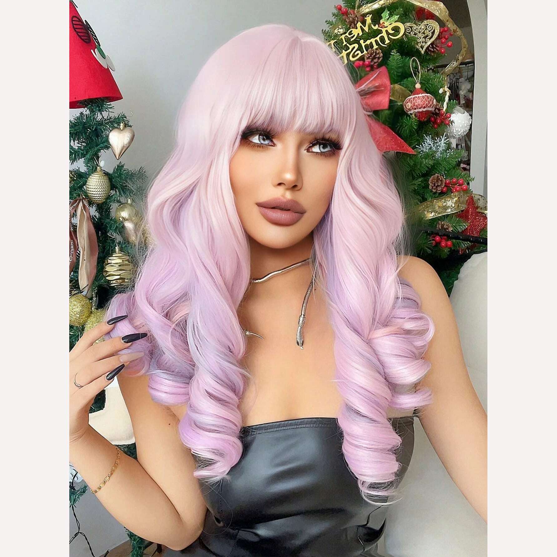 22Inch Cherry Blossom Pink Color Synthetic Wigs With Bang Long Natural Curly Hair Wig For Women Cosplay Party Heat Resistant - KIMLUD